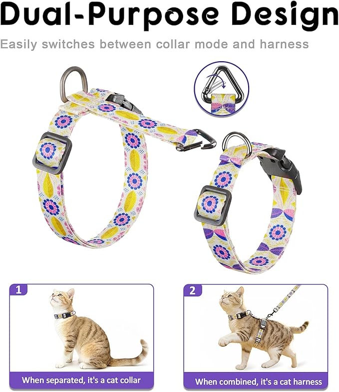 Halypet 2-Pack Cat Harness and Leash Set, Escape Proof 3-in-1 Adjustable Harness for Cats, Soft Lightweight, Easy On & Control for Walking, Travel & Outdoor Use, Pastel Floral, Medium