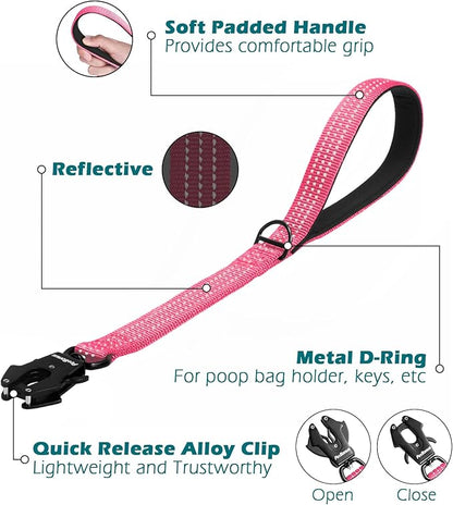 PetBonus Heavy Duty Short Dog Leash, 18 Inch Nylon Traffic Leash with Quick Release Clip, Comfortable Padded Handle, Reflective Training Lead for Medium Large Dogs (Pink, 18")