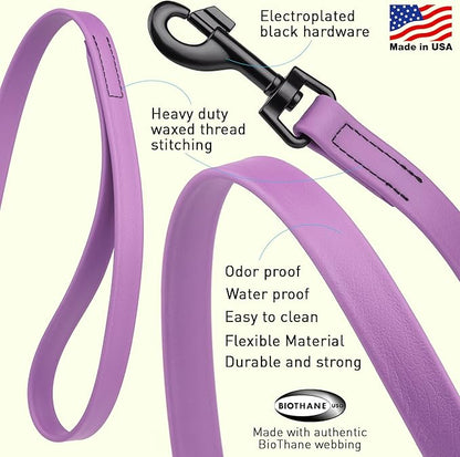 Dogline Biothane Waterproof Dog Leash Strong Coated Nylon Webbing with Black Hardware Odor-Proof Easy to Clean High Performance for Small or Large Dogs Made in USA 4 or 6 ft Lead, Amethyst Purple