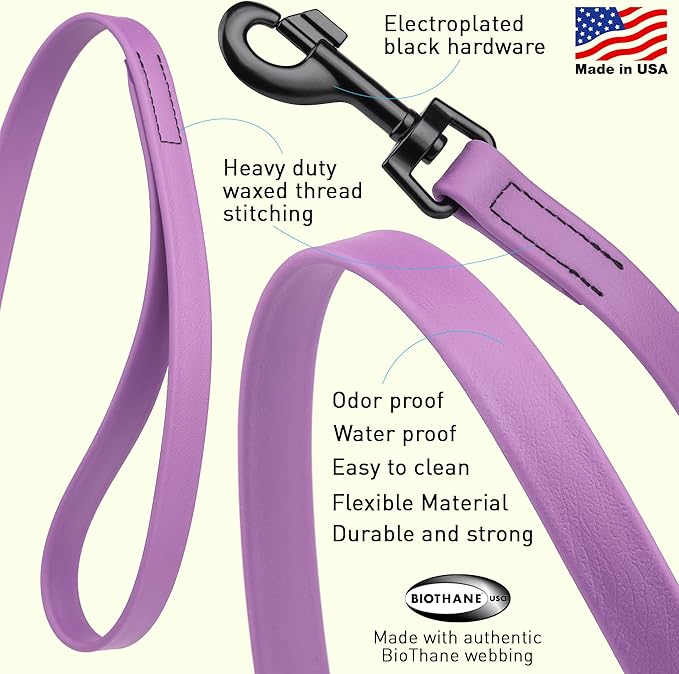 Dogline Biothane Waterproof Dog Leash Strong Coated Nylon Webbing with Black Hardware Odor-Proof Easy to Clean High Performance for Small or Large Dogs Made in USA 4 or 6 ft Lead, Amethyst Purple