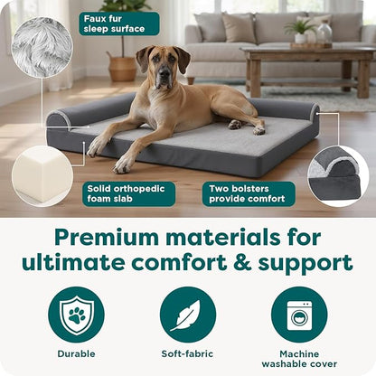 Furhaven Orthopedic Dog Bed for Large Dogs w/ Removable Bolsters & Washable Cover, For Dogs Up to 125 lbs - Plush & Velvet L Shaped Chaise - Sable Brown, Jumbo Plus/XXL