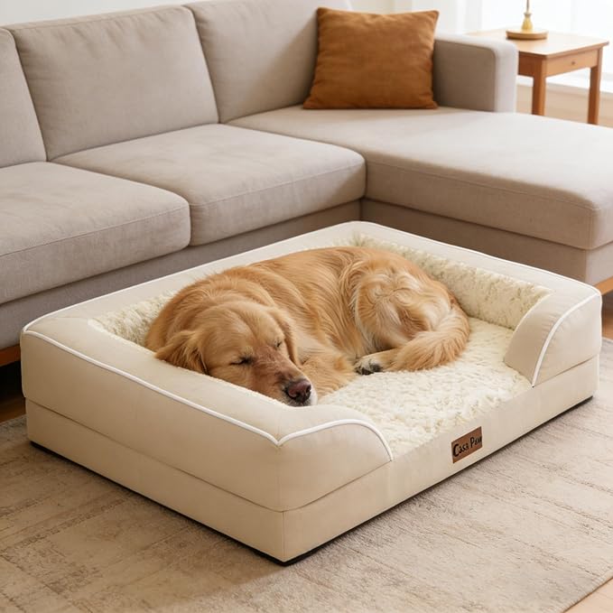 Casa Paw Orthopedic XXL Dog Beds, Waterproof Memory Foam Big Pet Bed for Extra Large Sized Dogs 53x42Inch, Non-Slip Bottom and Egg-Crate Foam Dog Couch Bed with Washable Removable Cover, Beige