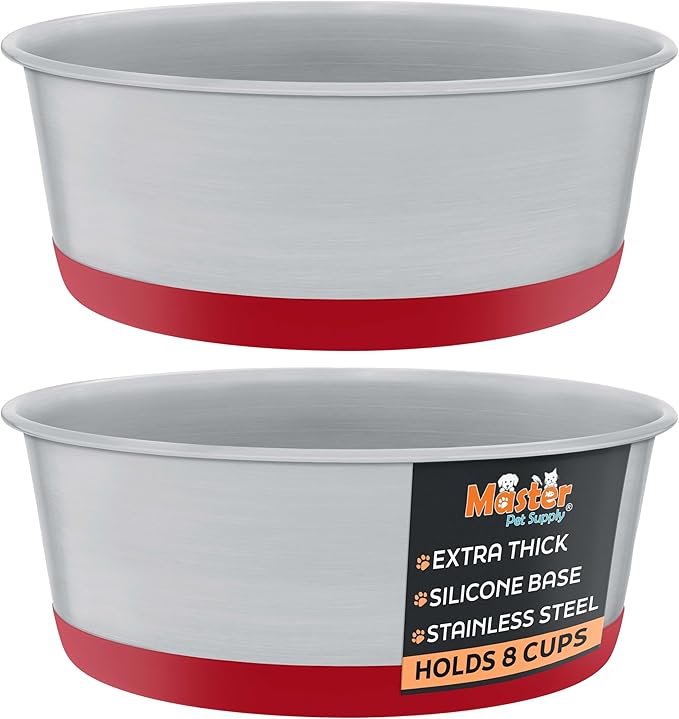 Master Pet Supply Stainless Steel Dog Bowls Set of 2 with Extra Thick Silicone Base - 4 Cup (32 oz) Crimson Red, Non-Slip, Dishwasher Safe Metal Bowls, Pet Dog Food Bowl for Dogs, Cats, Anti Rust