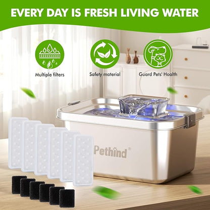 Pethind 6 Pack Dog Water Fountain Filters and 6 Pack Sponges, Suitable for Stainless Steel Dog Water Fountain (PF-SS-01/PF-SS-02/PF-SS-03/PF-SS-04), High Efficiency Filtration, Idividual Package