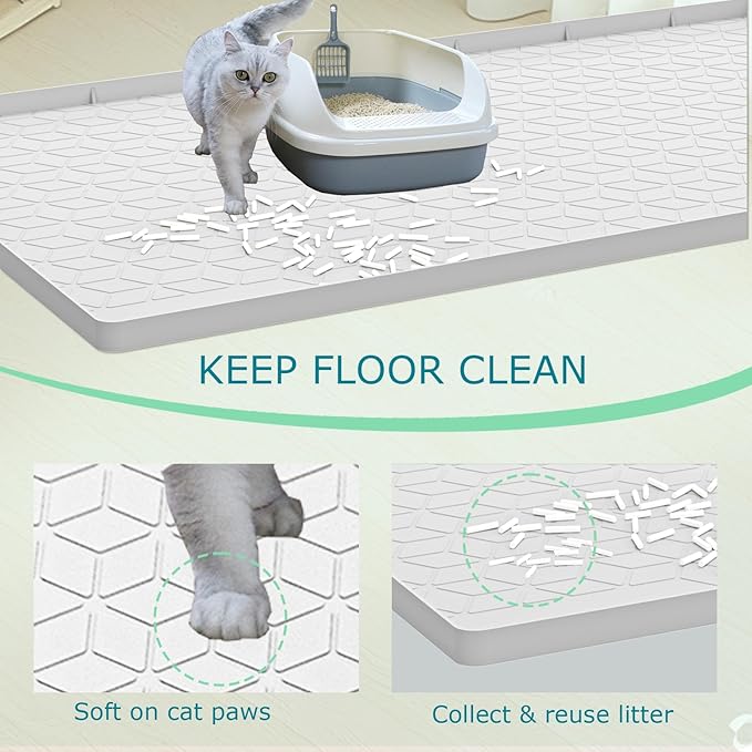 Jacooxi Cat Litter Mat for Litter Box, Silicone Large Cat Litter Trapping Mat - 34x22 in, Waterproof & Non-Slip, Durable & Easy Clean, Light Gray