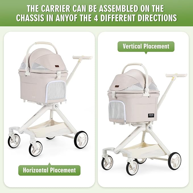 Beberoad Pets TT Lightweight Pet Stroller for Small Dogs & Cats - 4-Way Installation Carrier, One-Hand Fold, 180° Canopy Cover & Adjustable Handle (Beige)