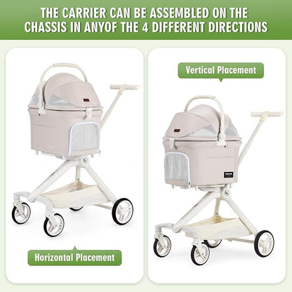 Beberoad Pets TT Lightweight Pet Stroller for Small Dogs & Cats - 4-Way Installation Carrier, One-Hand Fold, 180° Canopy Cover & Adjustable Handle (Beige)