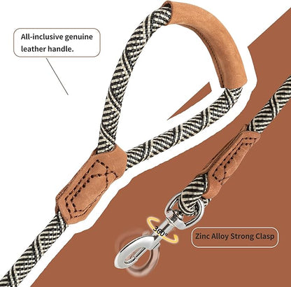 Mile High Life | Premium Leather Handle Dog Leash | Strong Rope Leash | Zinc Alloy Strong Clasp | Small Medium Large Dogs | 4/5/6 Feet(White, 72 Inch (Pack of 1))