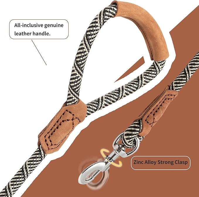Mile High Life | Premium Leather Handle Dog Leash | Strong Rope Leash | Zinc Alloy Strong Clasp | Small Medium Large Dogs | 4/5/6 Feet(White, 60 Inch (Pack of 1))