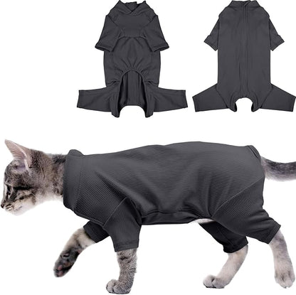 Yternal Sticky Hair Cat Clothes, Breathable & Lightweight, Reduces Shedding Fur Pajamas, Full Body Long Sleeve Surgical Bodysuit, Stop Licking & Shedding Darkgrey S