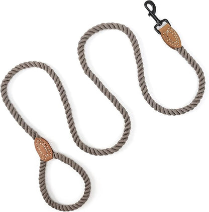 Mile High Life Dog Leash, Braided Cotton Rope Leashes with Leather Tailor Tip with Leather Tip - Heavy Duty Metal Clasp, 4FT, 1/2" Thick - Wedding, Walking Leash for Medium Large Dogs(Camel)