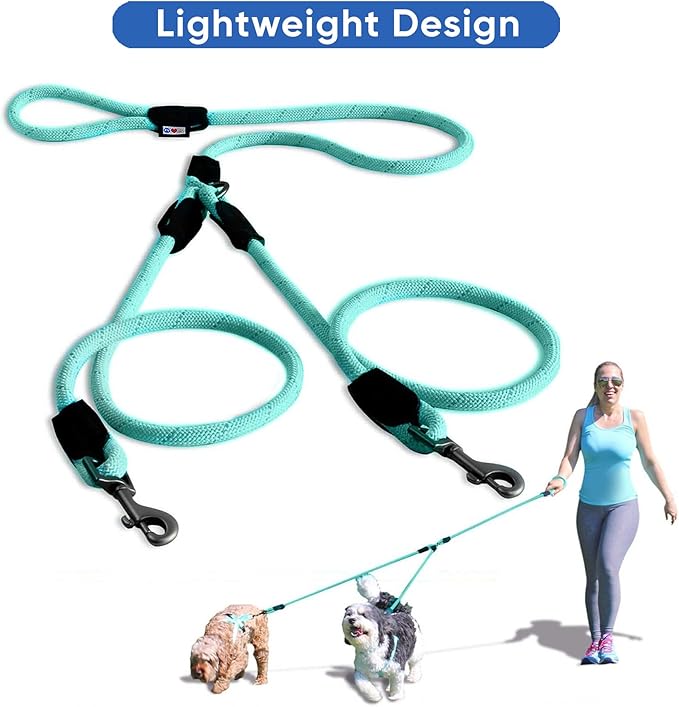 Pawtitas Double Leash for Two Dogs Great for Walking & Training Comfortable Shock Absorbing Reflective Pet Rope Leash for 2 Dogs 6ft - Medium/Large - Teal