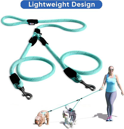Pawtitas Double Leash for Two Dogs Great for Walking & Training Comfortable Shock Absorbing Reflective Pet Rope Leash for 2 Dogs 6ft - Medium/Large - Teal