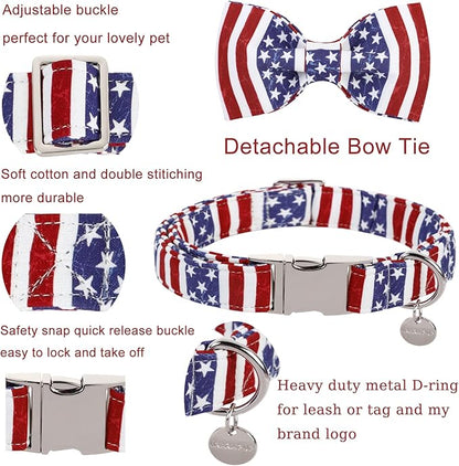 UP URARA PUP Dog Collar with Bow Tie, 4th of July Comfortable Cotton Dog Collar, American Flag Collar for X-Large Girl Boy Dog, Patriotic Bowtie Collar with Metal Buckle, XL