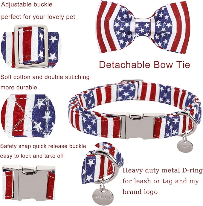 UP URARA PUP Dog Collar with Bow Tie, 4th of July Comfortable Cotton Dog Collar, American Flag Collar for Puppy Girl Boy Dog or Cat, Patriotic Bowtie Collar with Metal Buckle, XS