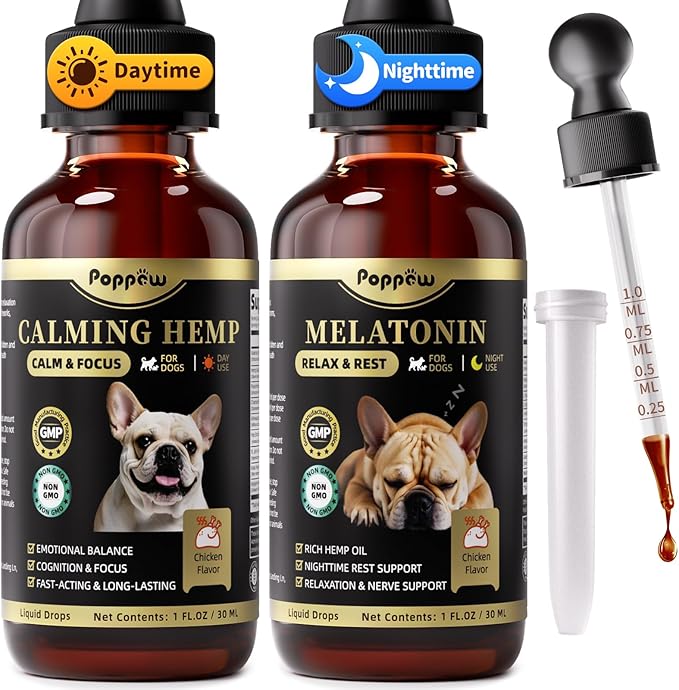 POPPAW Dog Calming & Melatonin Drops, Day & Night Calm Support Set, Soothe Separation & Stress, Enhance Calmness & Sleep with Valerian Root, Ashwagandha, GABA, Melatonin, Chicken Flavor, 2 FL.Oz