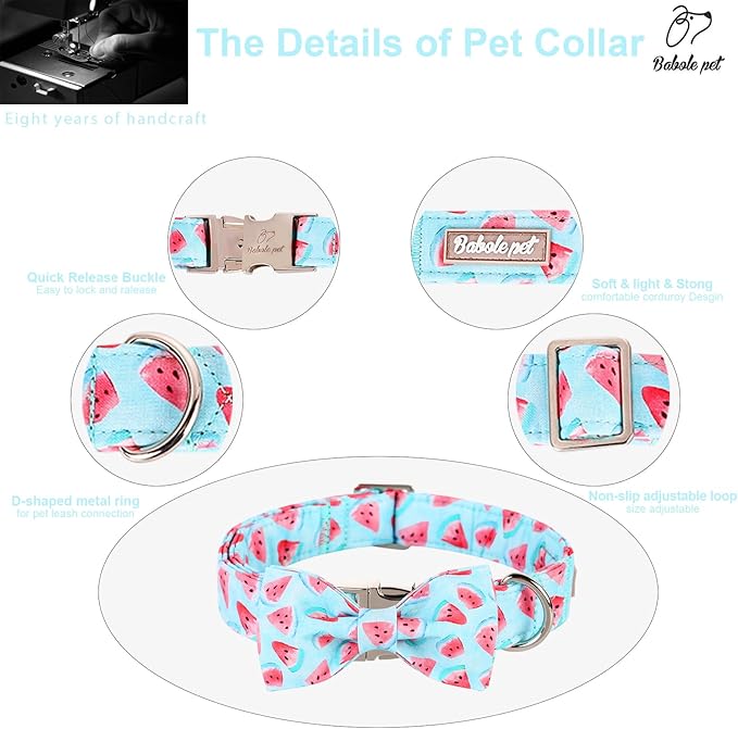Summer Dog Collar with Bow Tie, Charm Watermelon Bowtie Dog Collar, Durable Adjustable Cotton Pet Collar for Small Medium Large Dogs L