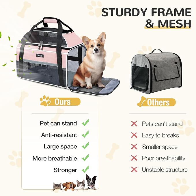 Lekereise Top-Expandable Pet Carrier 18x13x9.5 Inch Southwest Frontier Airline Approved Soft Sided Underseat to 15lbs Travel Carriers for Small Cats Dogs with Locking Safety Zippers Anti-Scratch Mesh