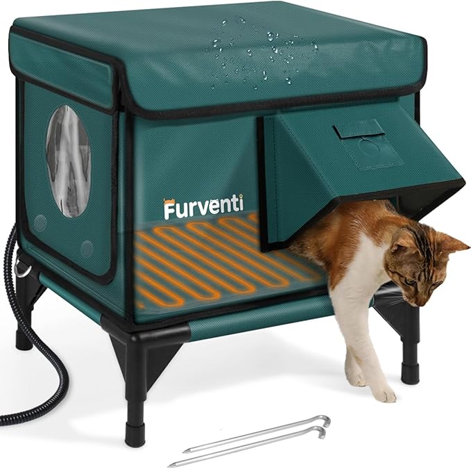 Outdoor Heated Cat House in Winter,Extremely Insulated & Weatherproof,Elevated Feral Cat Shelter with Waterproof Eaves & Escape Door for Outside Stray Barn Cat (Dark Green,S.)