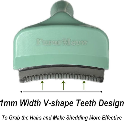 FurorMeow Pet Deshedding Tool with Curve Blade, Cat Grooming Brush, Tight V-shaped Teeth Shedding Comb for Cats and Dogs (Green, Small)