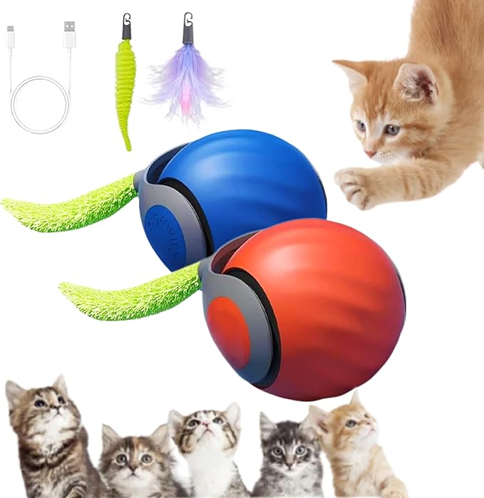 AMATFFUG 2 Packs Speediest Tail 2.0 Cat Toy,Interactive CatToy,CatToys for Indoor Cats,Chewie Viral Cat Ball,Adjustable Sports Rolling Toy,Electric Rolling Ball Christmas Birthday Gift for Pets