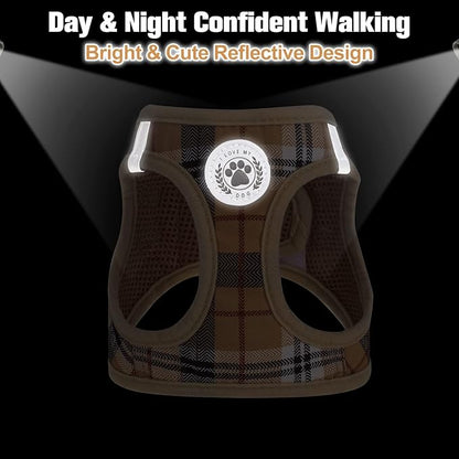 BEAUTYZOO Small Dog Harness and Leash Set,Step in No Choke No Pull Soft Mesh Dog Harnesses Reflective for Extra-Small/Small Medium Puppy Dogs and Cats, Plaid Dog Vest Harness for XS S Pets, Beige M