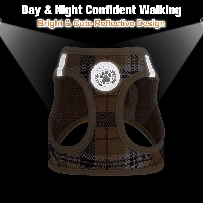 BEAUTYZOO Small Dog Harness and Leash Set,Step in No Choke No Pull Soft Mesh Dog Harnesses Reflective for Extra-Small/Small Medium Puppy Dogs and Cats, Plaid Dog Vest Harness for XS S Pets, Beige L
