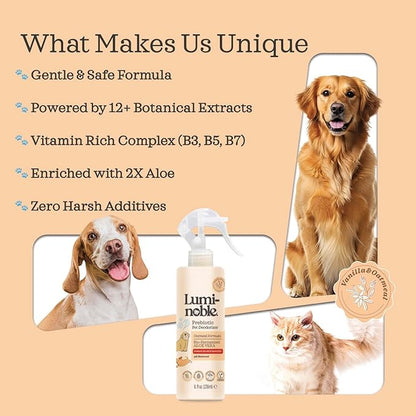 Prebiotic Dog Deodorizer Spray Perfume, Vanilla & Oatmeal Scented, Hypoallergenic Skin Care, Alcohol-Free Odor Remover for Dogs, Prebiotic Formula to Refresh & Hydrate Sensitive Skin & Coat, 8oz
