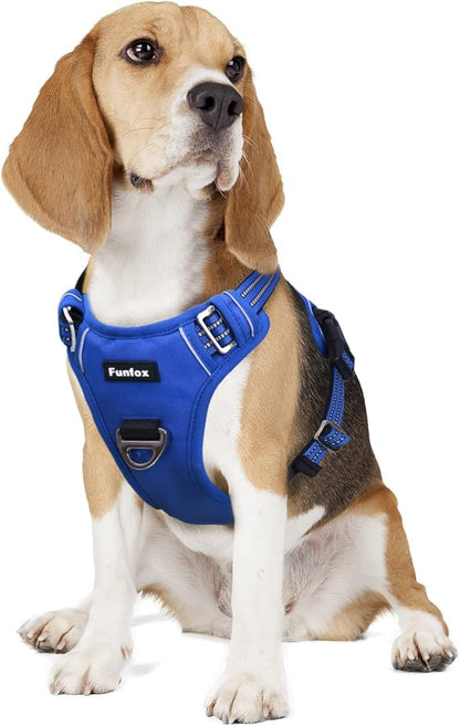 Funfox Dog Harness Medium No Pull, Adjustable 2 Clips Anti-Pull Vest with Practical Handle, Breathable Padded Pet Harness Designed for Small/Large Breeds, Reflective Training Walking Blue M