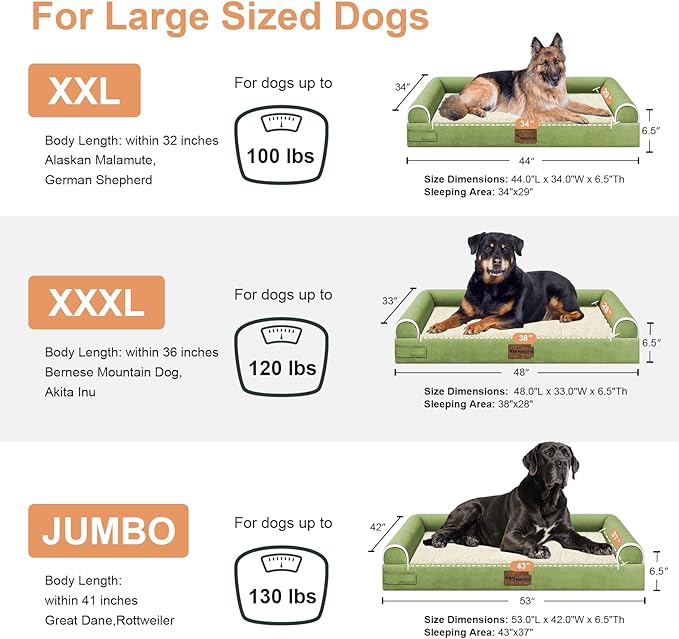 Large Dog Bed Orthopedic Washable: Beds Bolster XXL Bed Big XLarge Dogs Egg Crate Foam Sofa Couch Waterproof Removable Cover - Grass Green