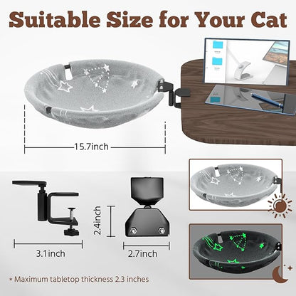 SAMAH Rotatable Cat Desk Bed, Suspended Luminous Cat Desk Hammock, Removable Faux Fur Fabric Supports Up to 30lbs, Suitable for Office Desk, Game Table, Gifts for Cats Pets
