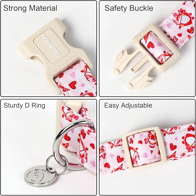 DOGWONG Valentine's Dog Collar, XL Pink Heart, Soft Cotton, Breakaway Closure, Small & Medium Dogs