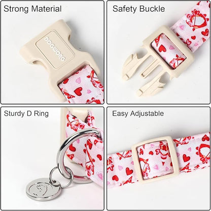 DOGWONG Valentine's Dog Collar, XL Pink Heart, Soft Cotton, Breakaway Closure, Small & Medium Dogs