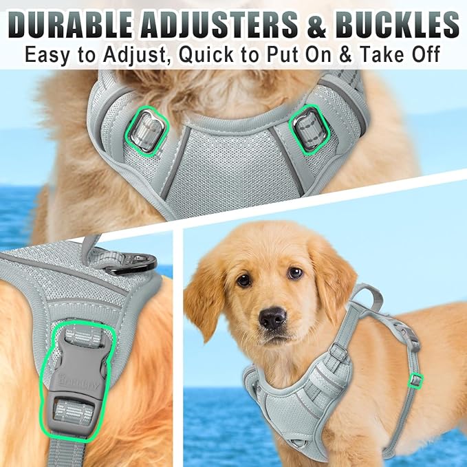 BARKBAY No Pull Dog Harness Large Reflective Dog Harness with Front Clip and Easy Control Handle for Walking Training Running with ID tag Pocket(Grey,S)
