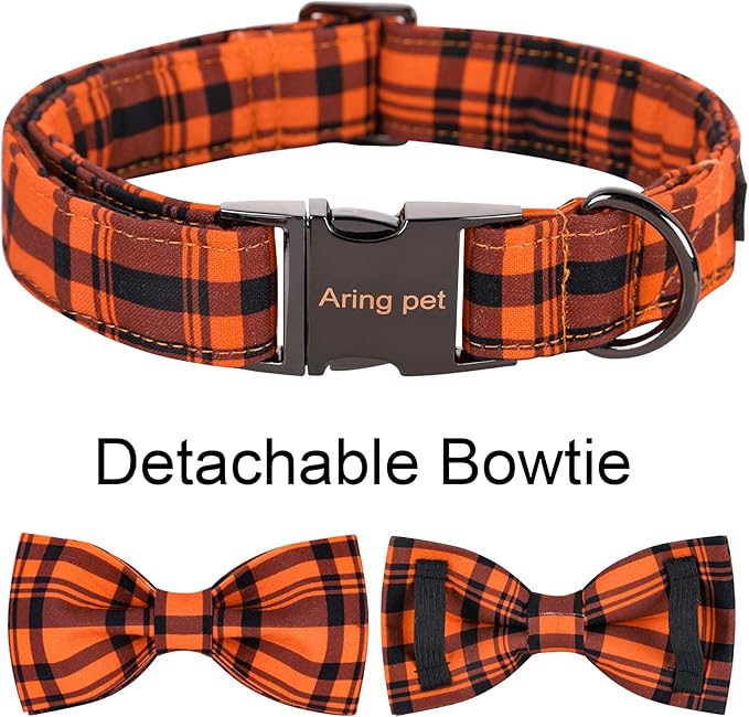 ARING PET Dog Collar, Cute Fall Dog Collar with Bow, Adjustable Halloween Orange Grid Bowtie Dog Collars Gift with Metal Buckle for Small Medium Large Dogs