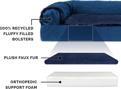 Furhaven Orthopedic Dog Bed for Large Dogs w/ Removable Bolsters & Washable Cover, For Dogs Up to 125 lbs - Plush & Velvet L Shaped Chaise - Deep Sapphire, Jumbo Plus/XXL