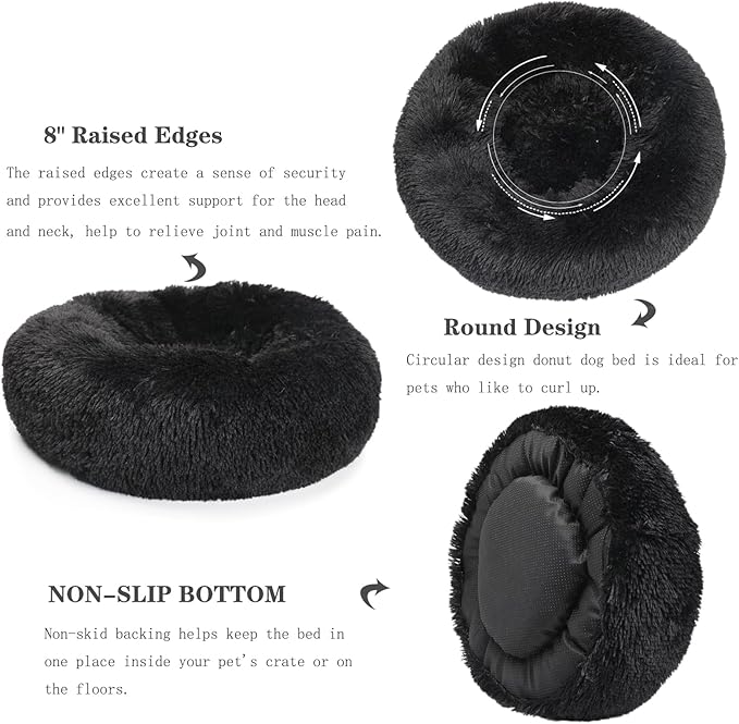 Calming Donut Dogs Beds for Small Dogs Washable,28inch Plush Round Pet Bed for Cozy Sleep,Fluffy Faux Fur Large Cat Bed,Fits up to 30 lbs Pets,Black