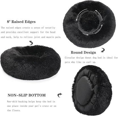 Calming Donut Dogs Beds for Small Dogs Washable,28inch Plush Round Pet Bed for Cozy Sleep,Fluffy Faux Fur Large Cat Bed,Fits up to 30 lbs Pets,Black