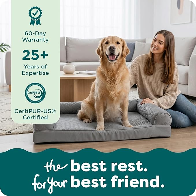 Furhaven Cooling Gel Dog Bed for Large Dogs w/ Removable Bolsters & Washable Cover, For Dogs Up to 95 lbs - Quilted Sofa - Silver Gray, Jumbo/XL