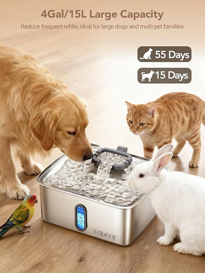 SIBAYS 4Gal/15L Dog Water Fountain for Large Dogs, Stainless Steel Large Pet Water Fountain, Ultra Quiet Automatic Dog Water Bowl Dispenser with Water Level Window and LED Light(FS78, Silver-Grey)
