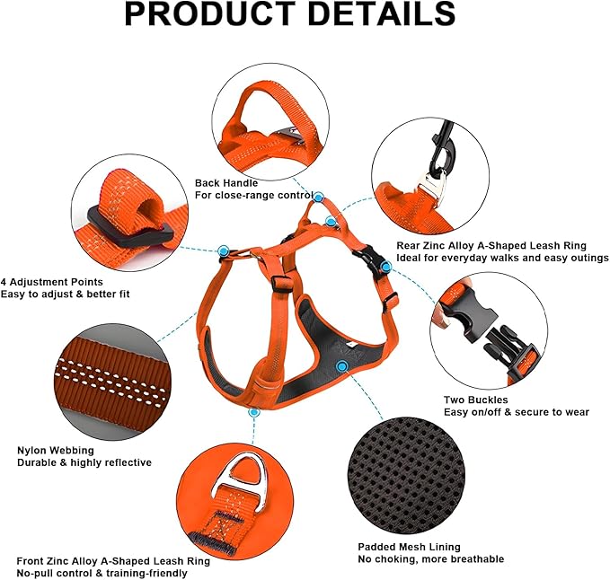 No Pull Dog Harness for Large Dogs, Adjustable, Reflective Breathable Padded Vest with 2 Metal Leash Clips and Handle for Control or Car Seatbelt Use, Orange, L