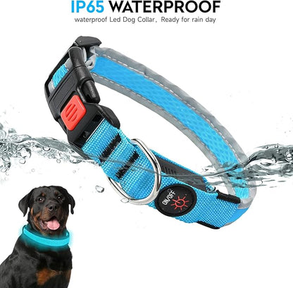 LED Dog Collar, Light Up Dog Collar USB Rechargeable, Nylon Adjustable Comfortable Soft Bright RGB 7 Colors Changeing Safety Light Glowing Collar for Medium and Large Dogs(Medium,Blue)