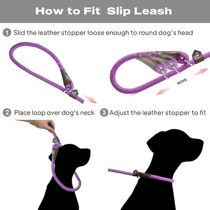 TwoEar 6FT Slip Lead Dog Leash, Heavy Duty Slip Leash for Dogs with Highly Reflective, Strong Rope Slip Leads No Pull Pet Training Leashes for Large Medium Dogs (1/2", Purple)