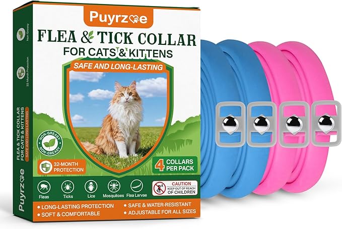 Puyrzoe Flea Collar for Cats 4 Pack, Natural Cat Flea and Tick Prevention Collar, 32-Month Full Protection, Adjustable Cat Flea and Tick for Kittens and Cats, Waterproof, 2 Pink & 2 Blue
