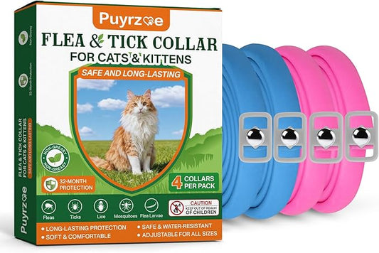 Puyrzoe Flea Collar for Cats 4 Pack, Natural Cat Flea and Tick Prevention Collar, 32-Month Full Protection, Adjustable Cat Flea and Tick for Kittens and Cats, Waterproof, 2 Pink & 2 Blue