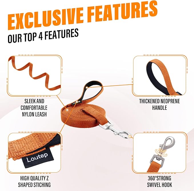 Dog Training Leash - Long Line for Recall & Obedience, Nylon Training Lead with Padded Handle, 15 ft / 20 ft / 30 ft / 50 ft / 100 ft - Long Leash for Dogs Outside, Small/Medium/Large