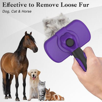 Dipoo Self Cleaning Cat & Dog Grooming Brush - Skin Friendly Deshedding Hair Brush for Haired Dogs & Puppies, Purple