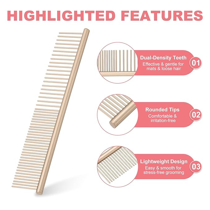 PETAXCELL Dog Cat Comb, Pet Combs Stainless Steel Teeth with Rounded Ends for Knots Mats Loose Hair Removal, 6.5IN (Gold Coated, 3 Pack), Grooming Tool Intended for Long Curly Hair Pet