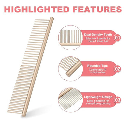 PETAXCELL Dog Cat Comb, Pet Combs Stainless Steel Teeth with Rounded Ends for Knots Mats Loose Hair Removal, 6.5IN (Gold Coated, 3 Pack), Grooming Tool Intended for Long Curly Hair Pet