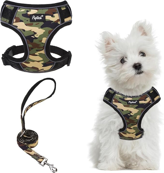 PUPTECK Small Dog Harness and Leash Set, No Pull Adjustable Puppy Cat Harness, Reflective Soft Mesh Pet Vest Small Sized, Camouflage, S